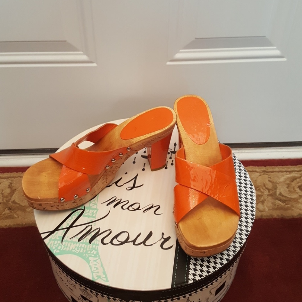 Orange slip on wood heel sandals